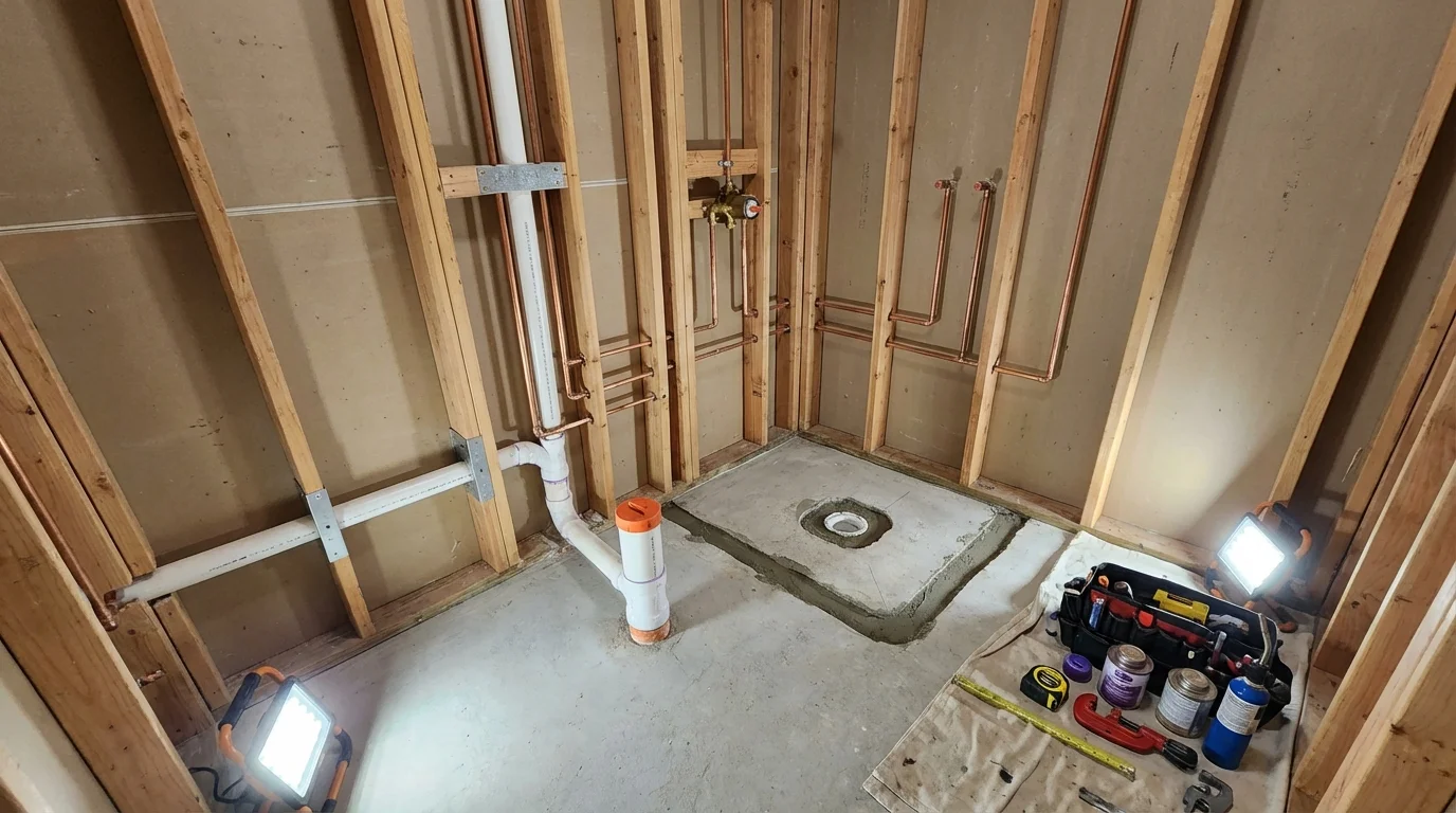 Bathroom rough-in plumbing during remodel by Johns Plumbing LLC in Brunswick