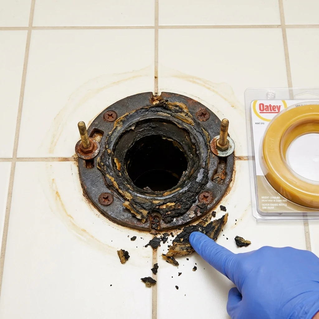 Failed wax ring showing water seepage at the base of a toilet in a Brunswick, MD home