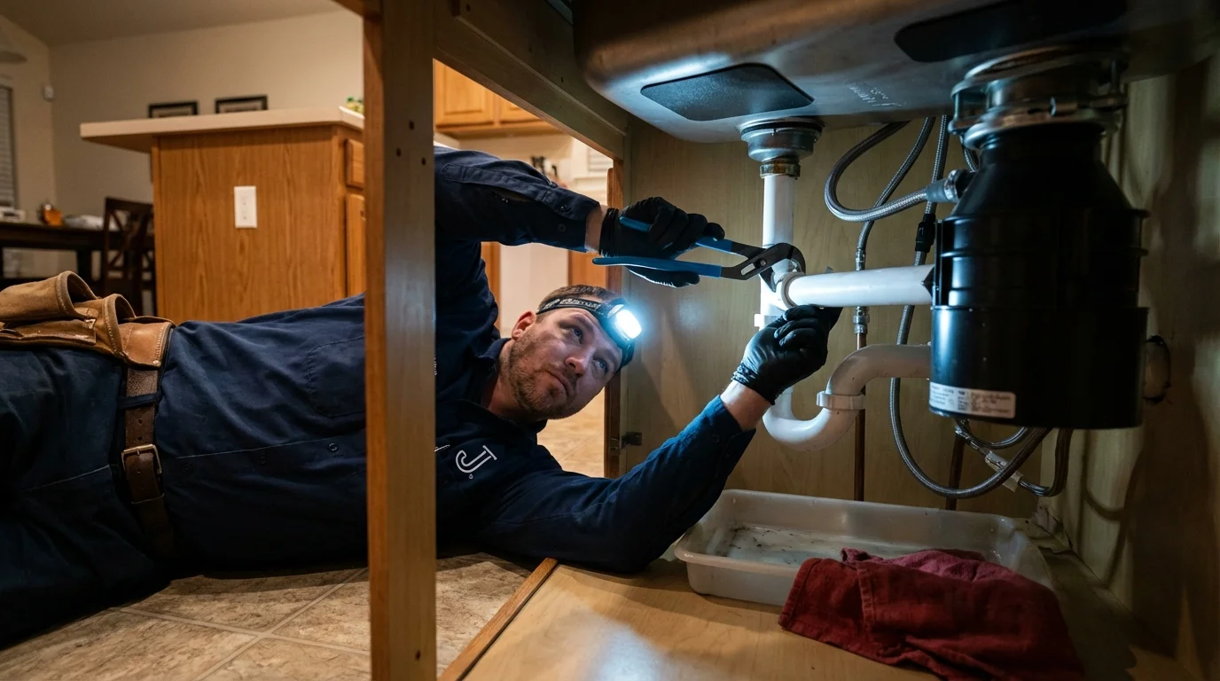 P-trap and supply line connections under a kitchen sink showing a common leak point in Brunswick, MD
